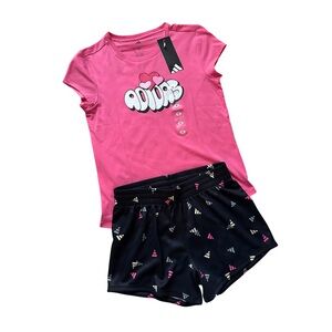 Adidas Pink Graphic Tee & Black Logo Pattern Shorts Size 10/12 M